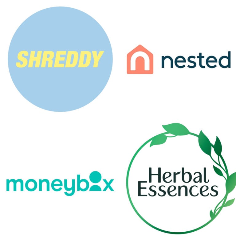 Shreddy logo, nested logo, moneybox logo and Herbal Essences logo. Brand building with Becky
